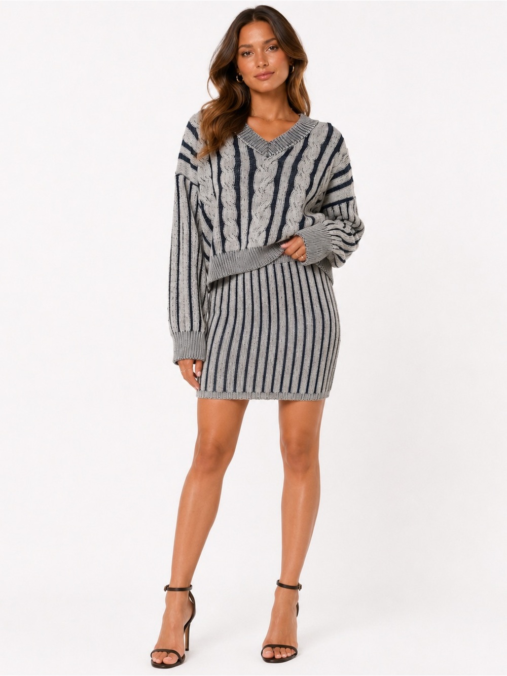 Striped Cable Knit Mini Skirt Set NWT